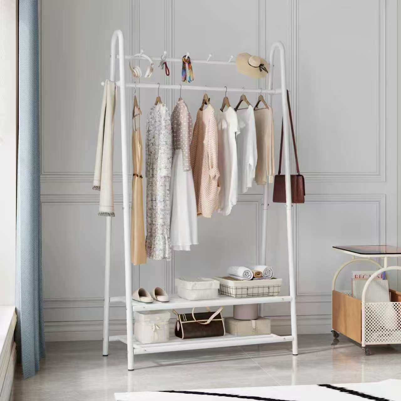 Floor-standing coat rack, simple multi-layer storage hanger for home bedroom, light luxury clothing display rack, folding clothes drying rack