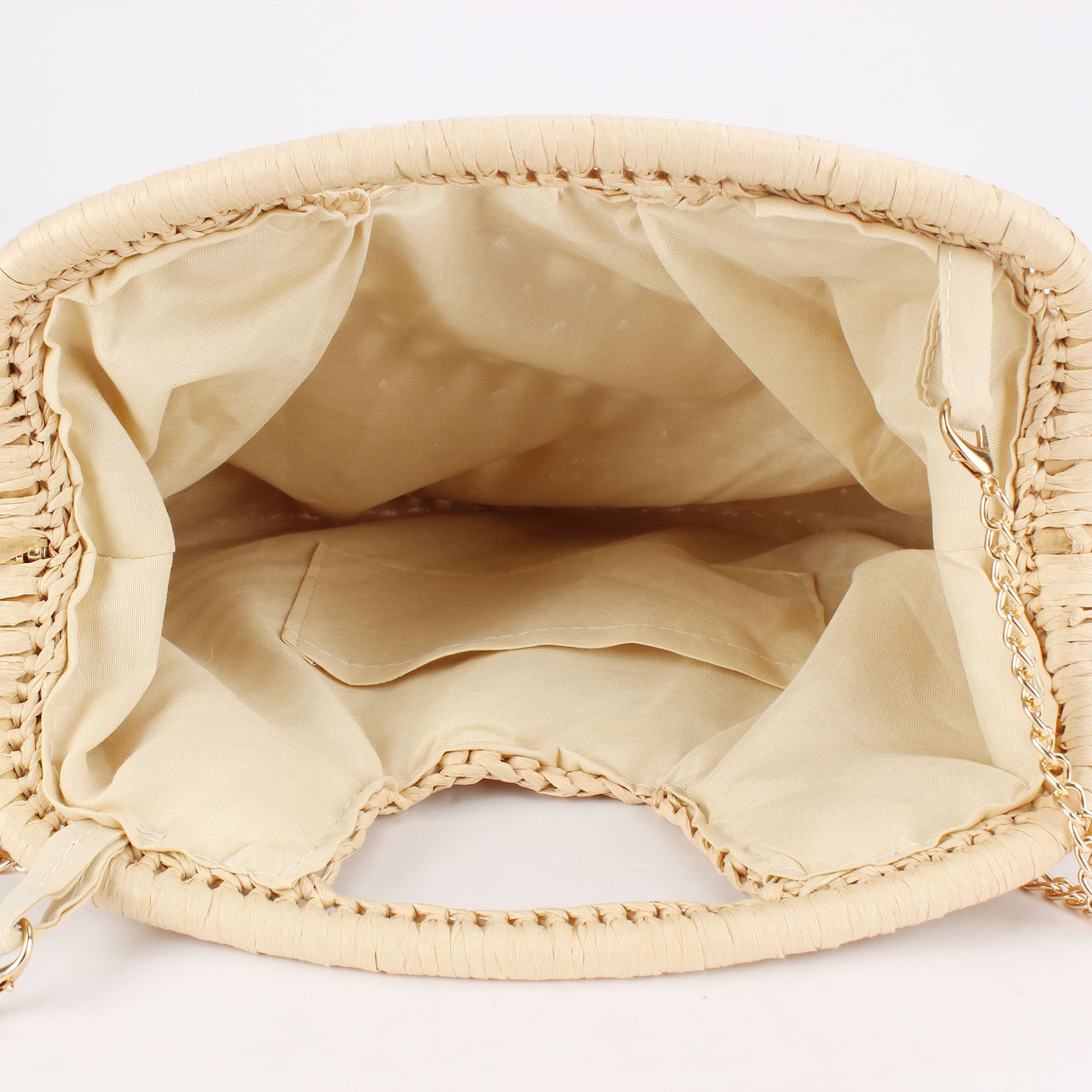 Beige woven bag, golden chain single-shoulder crossbody bag, women's fashionable handbag details Picture