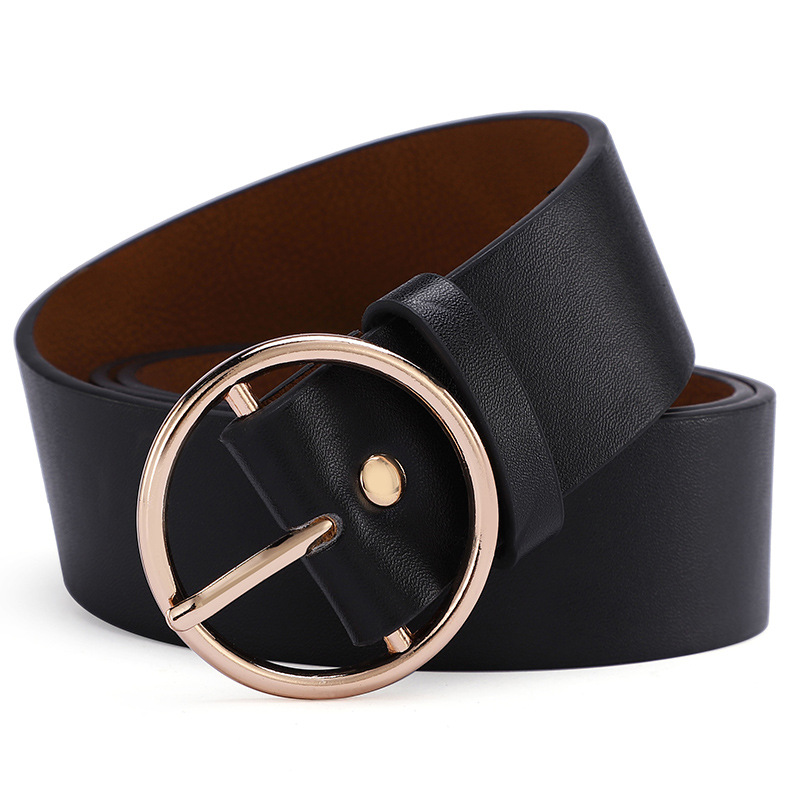 Factory wholesale round buckle belt for women, simple Hong Kong-style PU leather wide Harajuku retro round pin buckle small belt, trendy for girls Item Picture