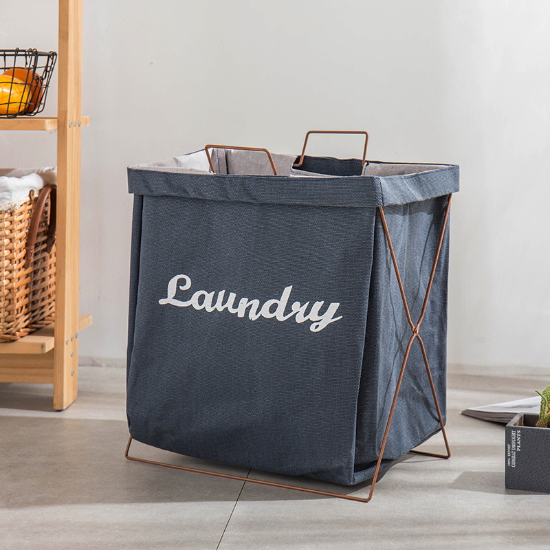 Waterproof cotton and linen laundry basket, dirty clothes basket, clothes storage basket, Japanese simple iron frame, fabric folding dirty clothes basket bucket Specification image