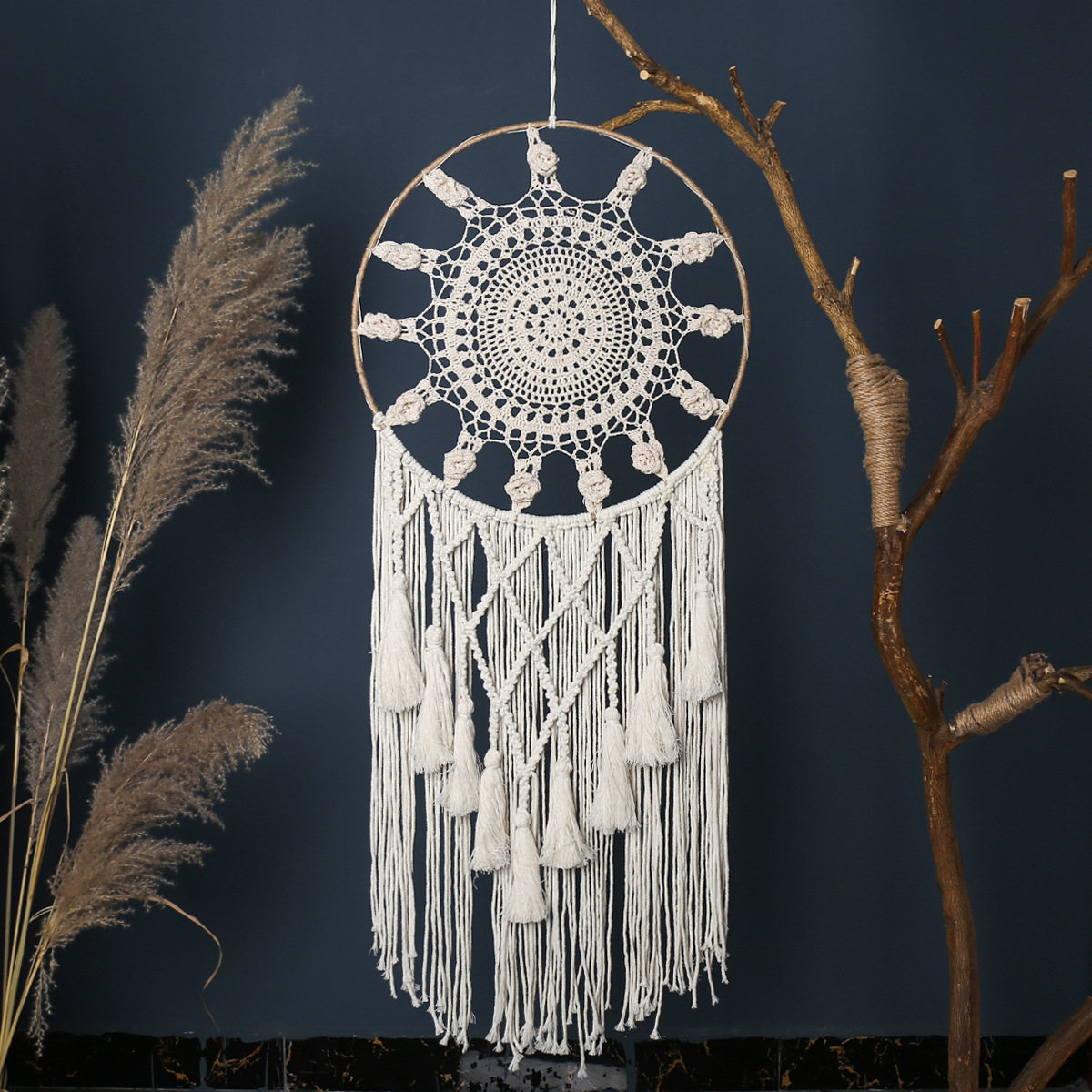 Beige rose hand-woven dreamcatcher decorative pendant, wedding decoration wall bedroom homestay creative tapestry details Picture