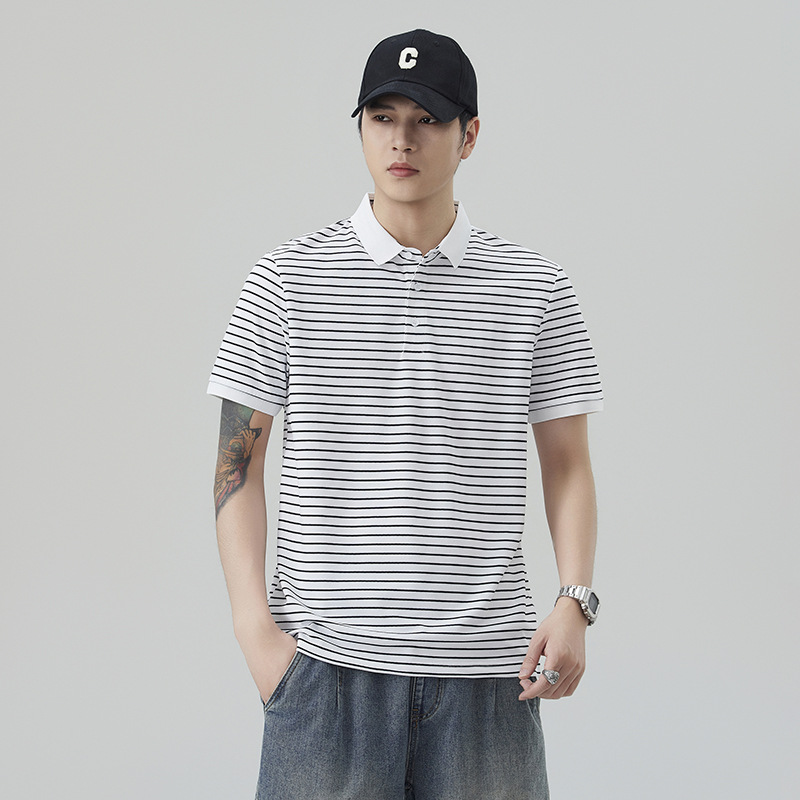 2026新款春夏条纹款POLO衫休闲时尚百搭翻领不起毛短袖青春男上衣
