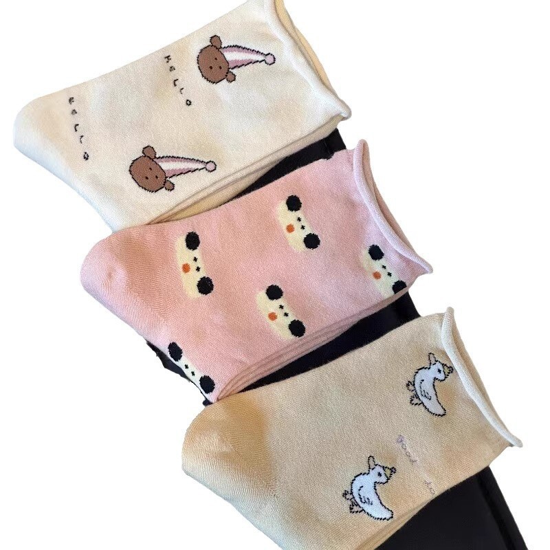 Korean soft and fluffy rolled-up socks for women, spring and summer style, fully printed cartoon, cute boneless pile socks, versatile mid-calf socks for outerwear Application Scenario