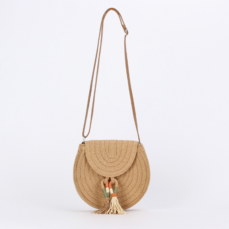 Retro paper rope tassel small round flat bag, cute and simple woven bag, solid color, versatile, travel and vacation crossbody women's bag full image