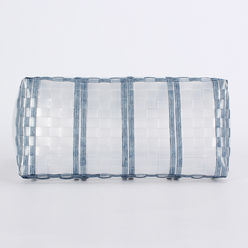 New summer forest-style checkered striped hand-held vegetable basket, transparent waterproof plastic beach hand-woven bag in medium size details Picture