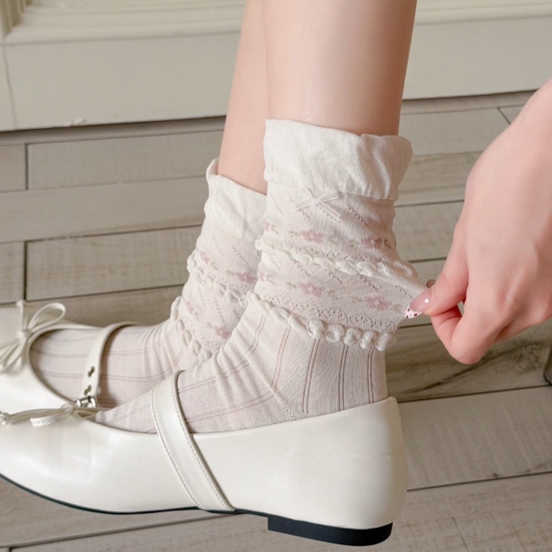 Bow lace socks for women, summer thin floral mid-calf cotton socks, perforated mesh breathable ballet style pile socks Specification image