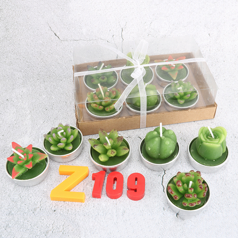 跨境批发圣坤多肉植物仙人掌蜡烛 6只装生日布置工艺蜡烛花形蜡烛