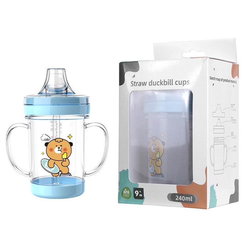 Infant and toddler duckbill drinking cup 240ML with lid, heat-insulating, anti-drop and leak-proof drinking cup, children's water cup with handle Specification image