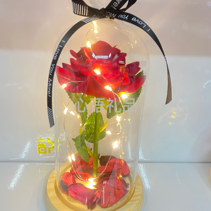 礼盒装带灯爱心玻璃罩仿真玫瑰花，节日礼物必备产品图