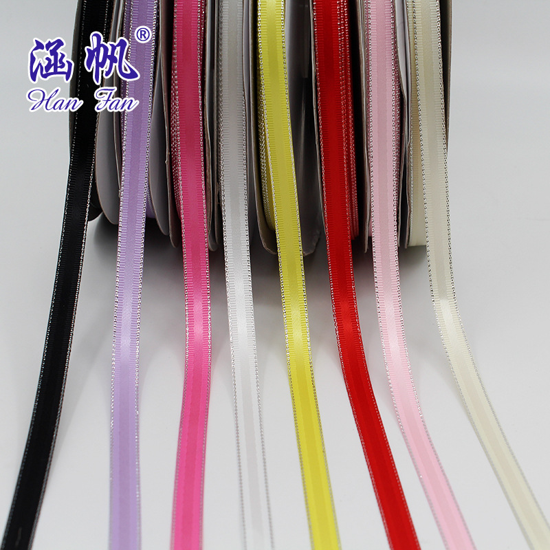 Hanfan webbing, hair accessory diy materials, ribbon gift packaging, clothing accessories, 1cm silver-edged color twill ribbed ribbon details Picture