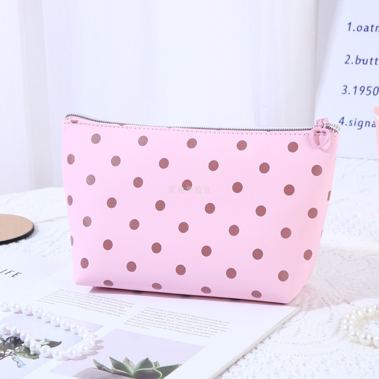 Polka dot trapezoidal hexagonal cosmetic bag for women, large-capacity waterproof PU storage bag, portable travel skin care and cosmetic storage bag, candy color