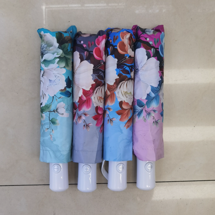 Three-fold fully automatic digital printed umbrella, black rubber UV protection automatic umbrella, ladies' special sunshade umbrella