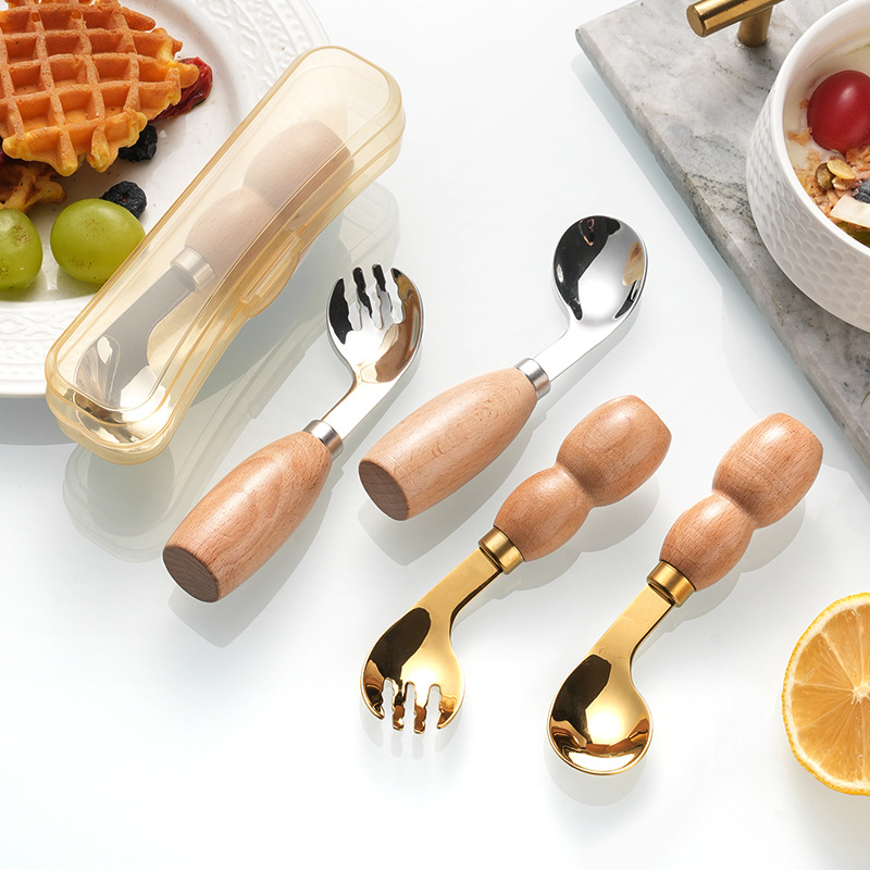 Wooden handle spoons, 316 stainless steel children's spoons, baby self-feeding spoons, baby complementary food curved spoon and fork tableware details Picture