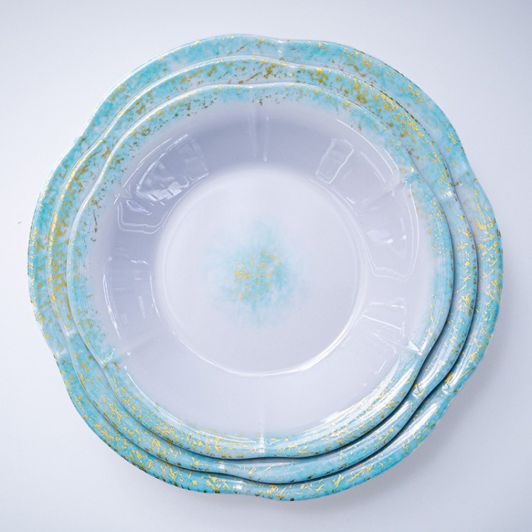 Melamine tableware, spring flower bowls and plates, ruffled edge round fruit plates, pastry plates, cold dish plates, salad plates, sushi plates Item Picture