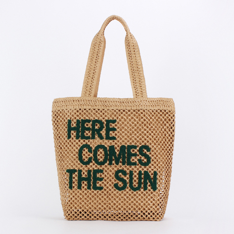 Embroidered letter large-capacity straw woven bag, new fashionable business commuting single-shoulder bag, niche and versatile beach women's bag