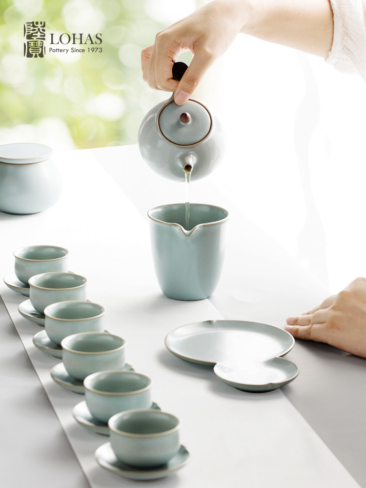 陆宝陶瓷汝窑入木三分茶组茶礼开片养壶茶具整套一壶六杯送礼收藏