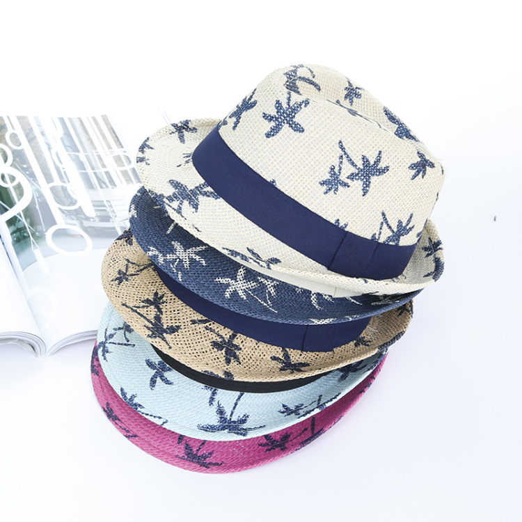 Korean version British print coconut tree jazz top hat, summer vacation beach hat, men's and women's fashionable sunshade straw hat wholesale Specification image