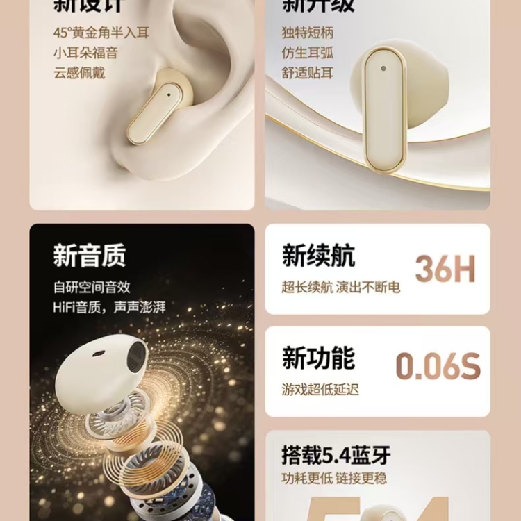 Beige wireless Bluetooth over-ear non-in-ear headphones and charging case details Picture