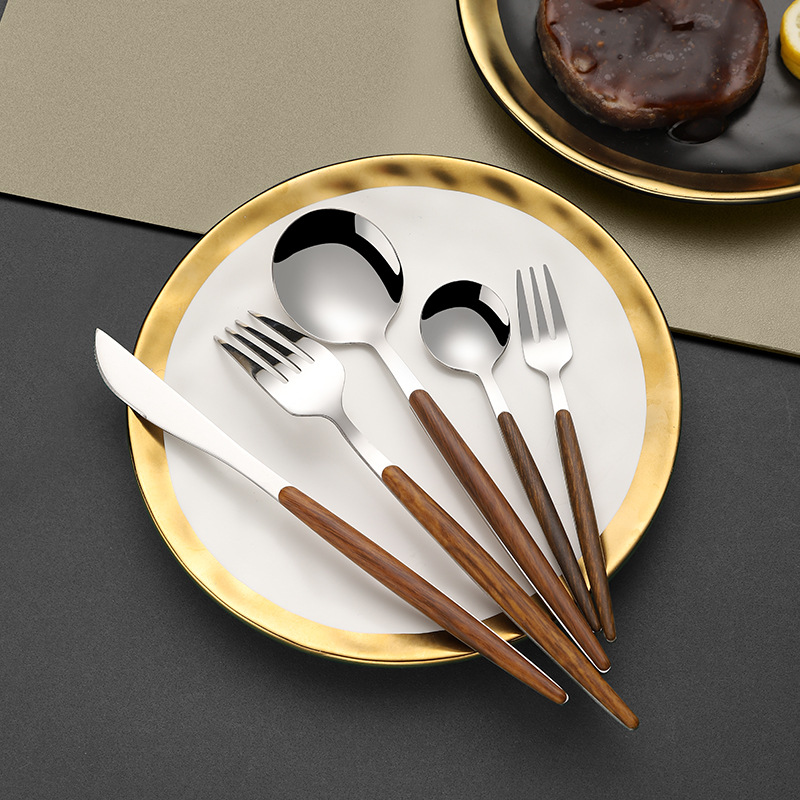 Cross-border best-selling stainless steel tableware with wood-like handles, wood-grain Portuguese gold knives, forks and spoons, steak knives and forks, coffee spoons and forks details Picture