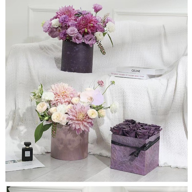 Marble plum sauce gift box, square and round gift box, hug bucket, flower bucket, birthday and Valentine's Day flower gift box details Picture