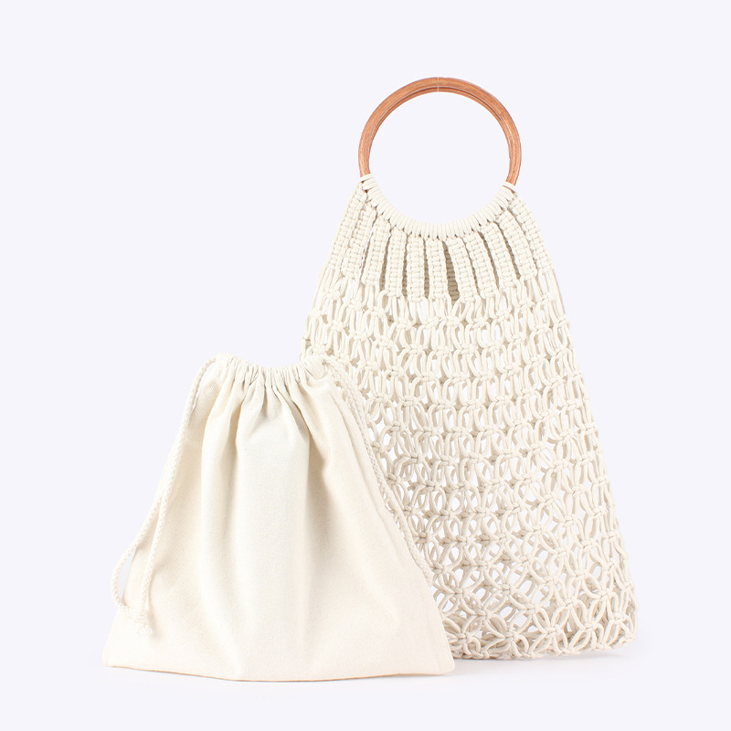 Tengba hand-held cotton rope woven bag, ins forest-style net pocket hollowed-out beach bag, vacation and travel hand-held women's bag
