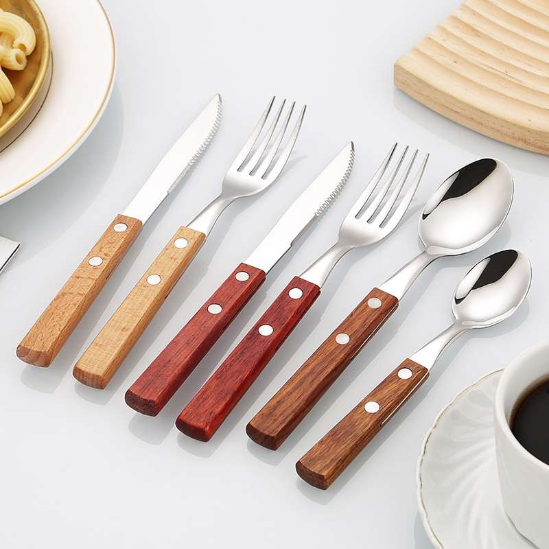 Solid wood 304 stainless steel knife, fork and spoon Japanese-style bright Western tableware, rosewood handle steak knife, fork and spoon four-piece set