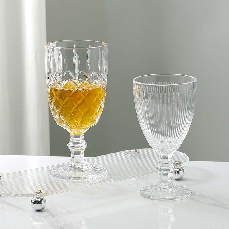 高档加厚浮雕玻璃果汁杯创意浮雕水杯茶杯家用餐桌水晶高脚甜品杯