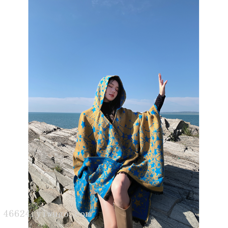 New cross-border scarf wholesale e-commerce live-streaming cape, Star Road with hat slit cape shawl