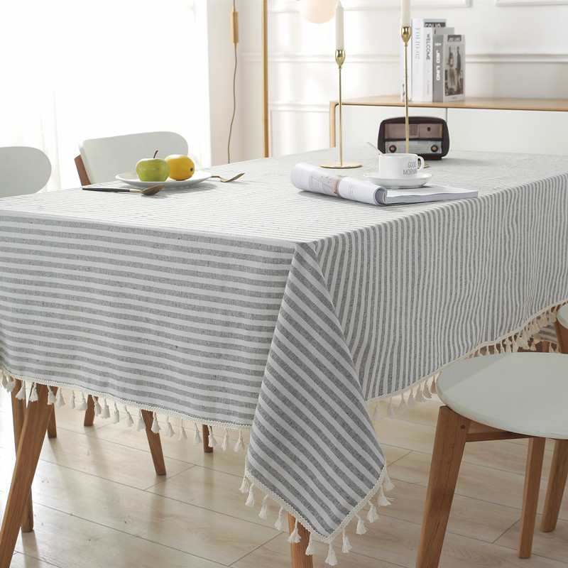 Japanese-style polyester-cotton simple striped plain tassel lace colored woven rectangular tablecloth, coffee table and tablecloth factory wholesale details Picture
