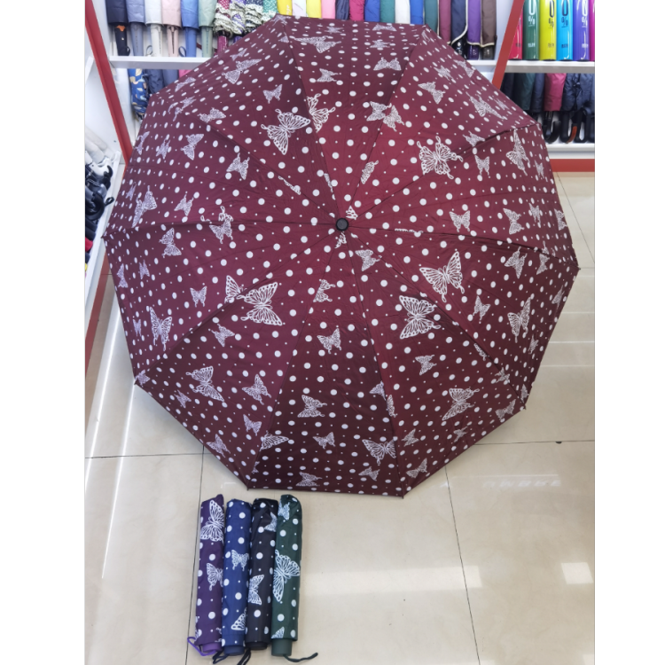 New three-fold umbrella, folding hand-opening portable umbrella, black plastic butterfly polka dot pattern umbrella, enlarged and thickened sunshade umbrella