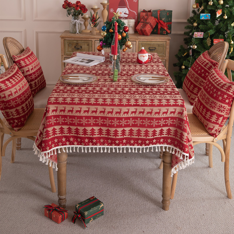 Cross-border Christmas red jacquard Christmas tree, bell, deer, tassel, tablecloth, coffee table, tablecloth, cover cloth, waterproof dropshipping details Picture