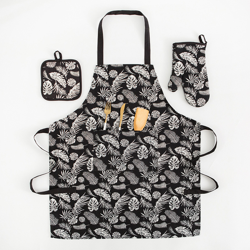 北欧印花纯棉围裙家用厨房防烫手套防烫垫防油男女时尚烘焙三件套