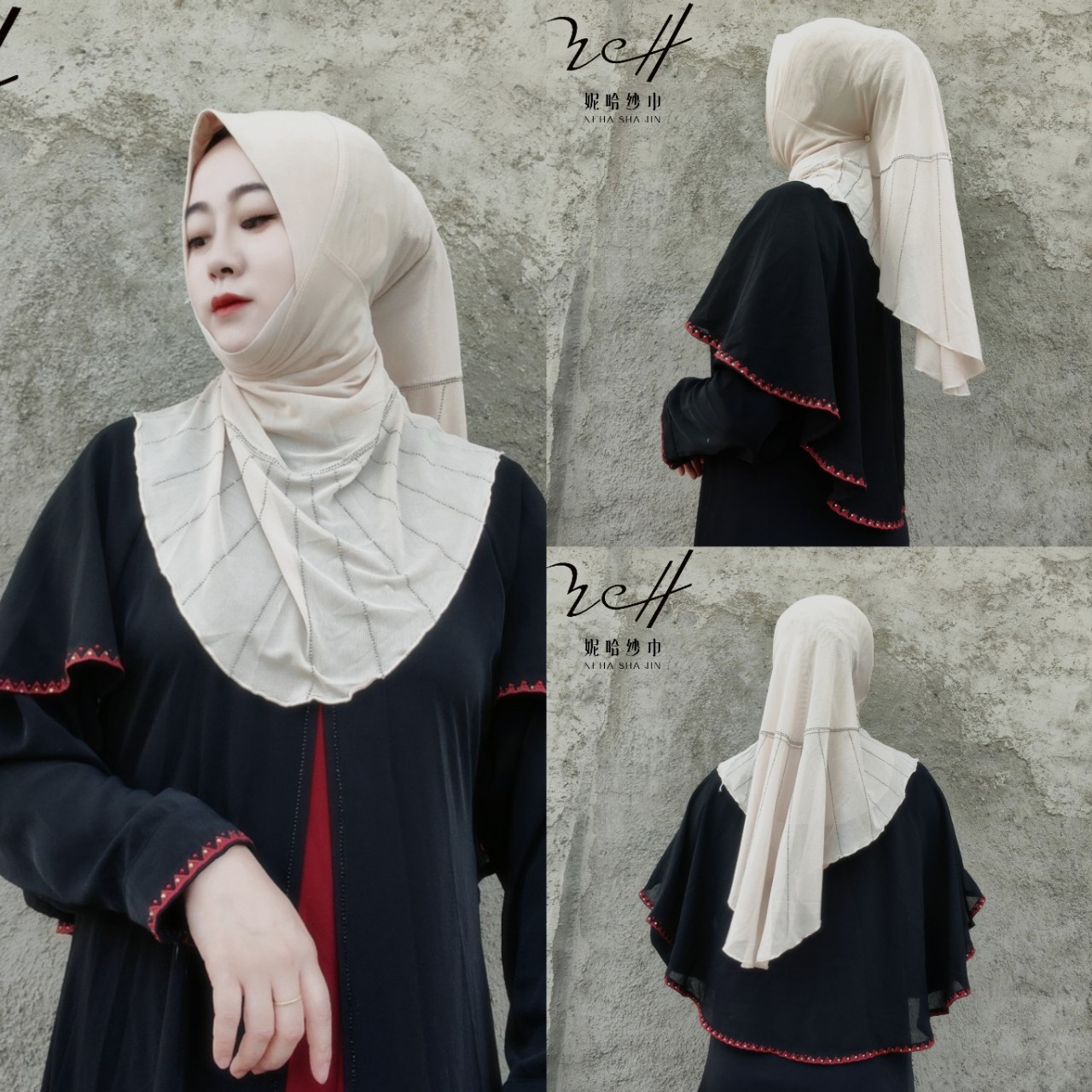 跨境女士设计款竖条烫钻大版纱网软帽檐透气阿拉伯围巾现货批发