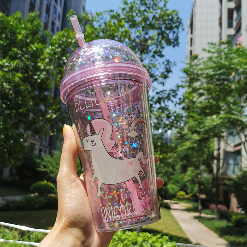 厂家直销地摊货源. 卡通杯子彩虹小马广告双层杯塑料，吸管杯水杯