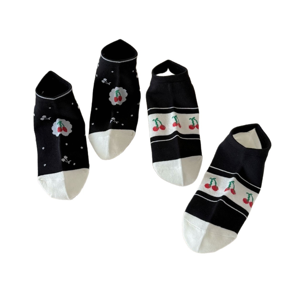 Spring and summer socks, women's boat socks, cute, thin, breathable, cherry black and white color combination, sweet college style cotton socks, Zhuji socks Application Scenario