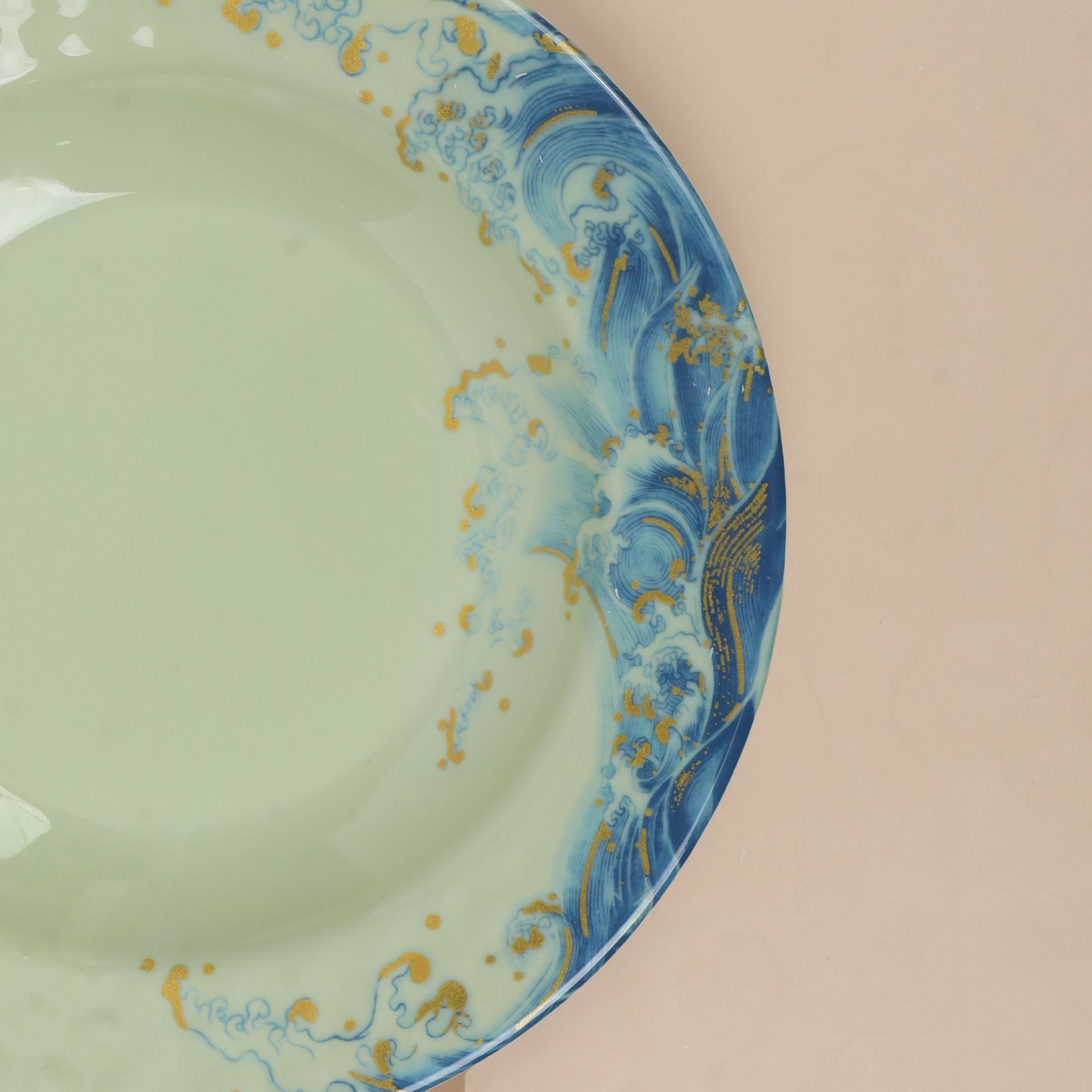 Melamine imitation porcelain tableware, shallow-edge flat plate, durable, green round, Chinese restaurant, hotel, dim sum, fruit plate, vegetable plate details Picture