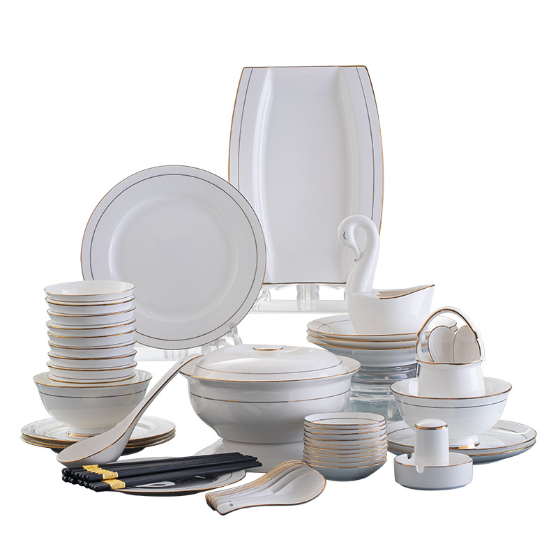 Golden-edge bone China household tableware, Jingdezhen ceramics, Nordic Chinese rice bowls and vegetable plates, gift porcelain, round Application Scenario