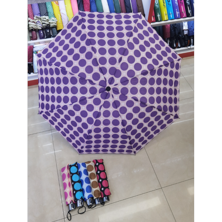 Three-fold hand-opening folding umbrella, impact-resistant fabric, all-weather and all-weather women's umbrella, full-plate printed small dot export umbrella Application Scenario