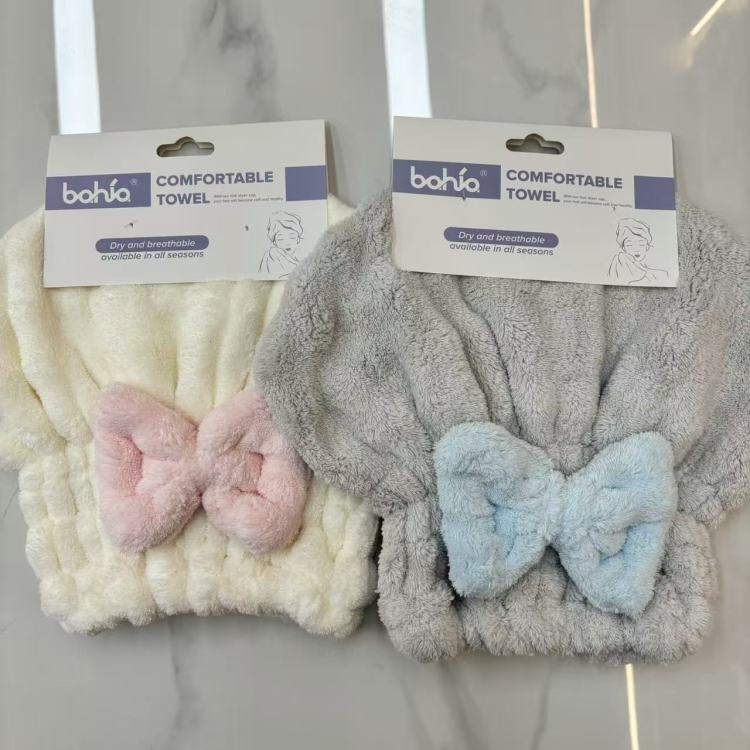 320gsm泡泡绒浴帽 纯色带蝴蝶结公主帽 洗头擦头干发帽