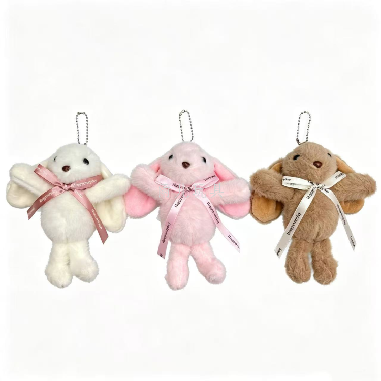 Three-color tied ribbon rabbit pendant, simple bow hanging ear rabbit, plush key chain backpack hanging doll supply