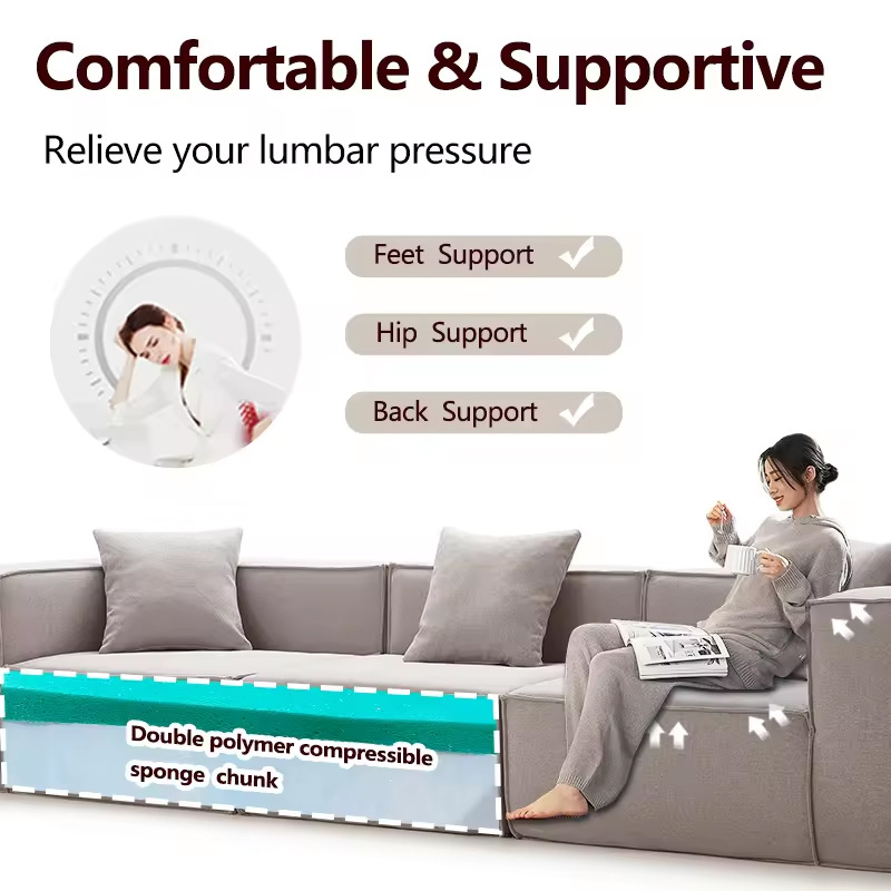 All-sponge compressed sofa, tofu block and square combination living room, cream style, Italian minimalist style, cotton and linen internet-famous sofa details Picture