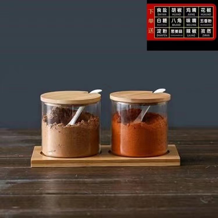 Customized processing of kitchen round condiment jars, bamboo cap glass condiment bottle, spoon cap integrated condiment bottle set details Picture