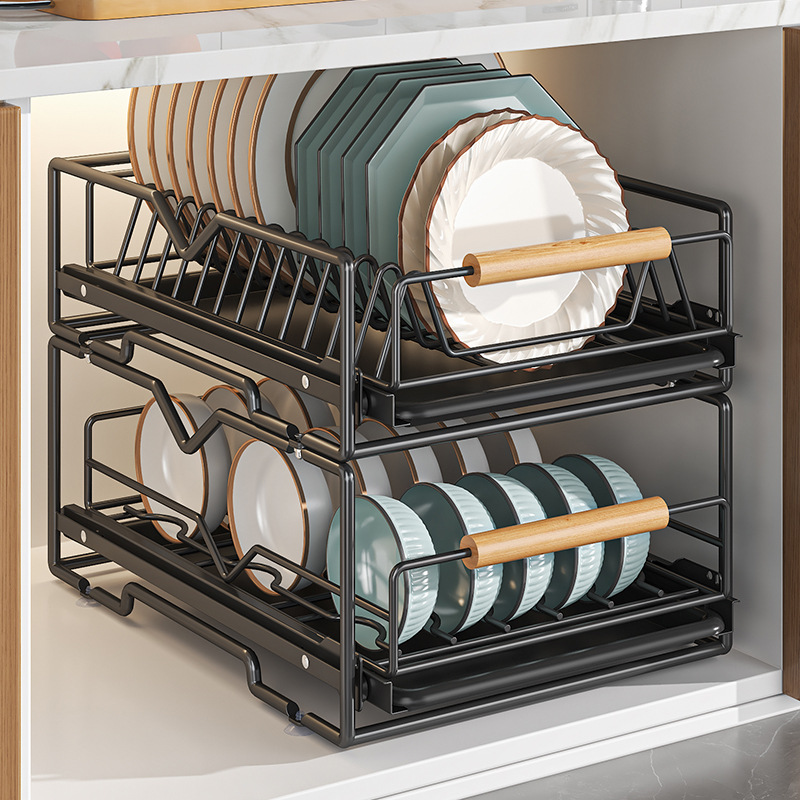 Kitchen dish pull-out storage rack, dish cabinet pull-out basket, drawer-type dish placement, sink draining, dish storage rack details Picture