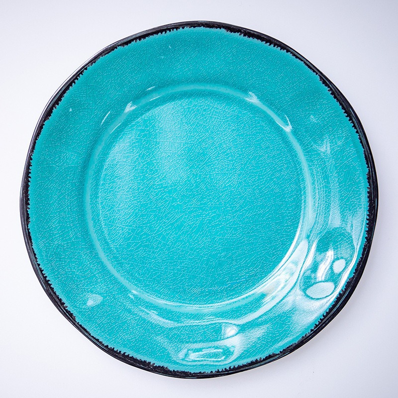 High-end blue and green ice-crack glazed plate and bowl set, creative melamine imitation porcelain tableware, restaurant plates and bowls full figure