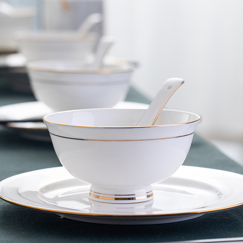 Golden-edge bone China household tableware, Jingdezhen ceramics, Nordic Chinese rice bowls and vegetable plates, gift porcelain, round Specification image