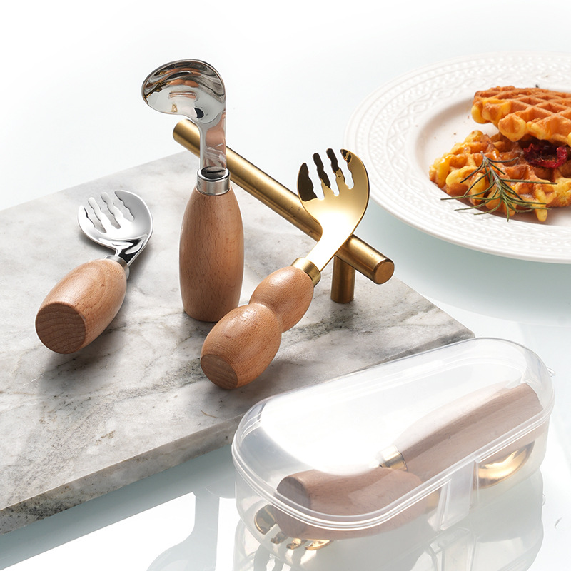 Wooden handle spoons, 316 stainless steel children's spoons, baby self-feeding spoons, baby complementary food curved spoon and fork tableware