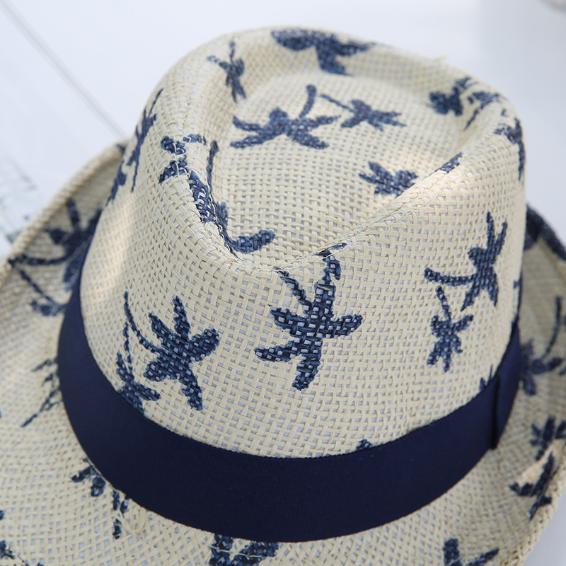Korean version British print coconut tree jazz top hat, summer vacation beach hat, men's and women's fashionable sunshade straw hat wholesale