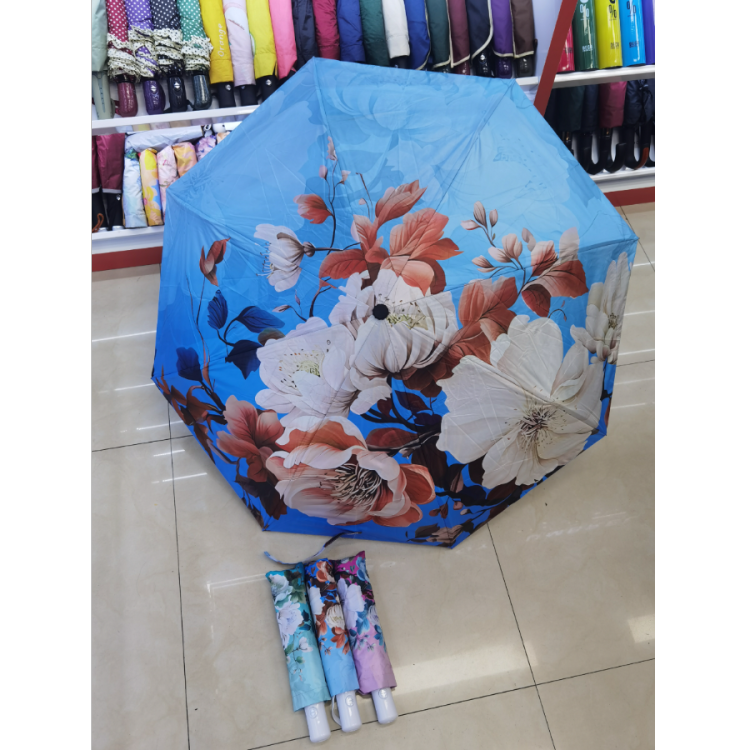 Three-fold fully automatic digital printed umbrella, black rubber UV protection automatic umbrella, ladies' special sunshade umbrella details Picture