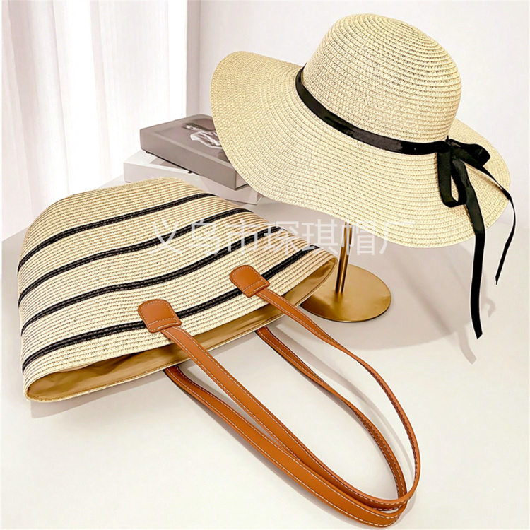 Female Summer's best-selling large-capacity straw woven bag, straw hat, two-piece set, outdoor travel tote bag, trendy sun hat, bow beach hat, beach bag