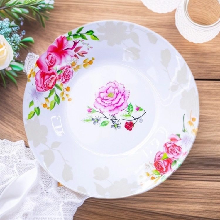 跨境酒店用品A8密胺餐具梅花浅盘饭店炒菜盘加厚仿瓷餐具批发定制